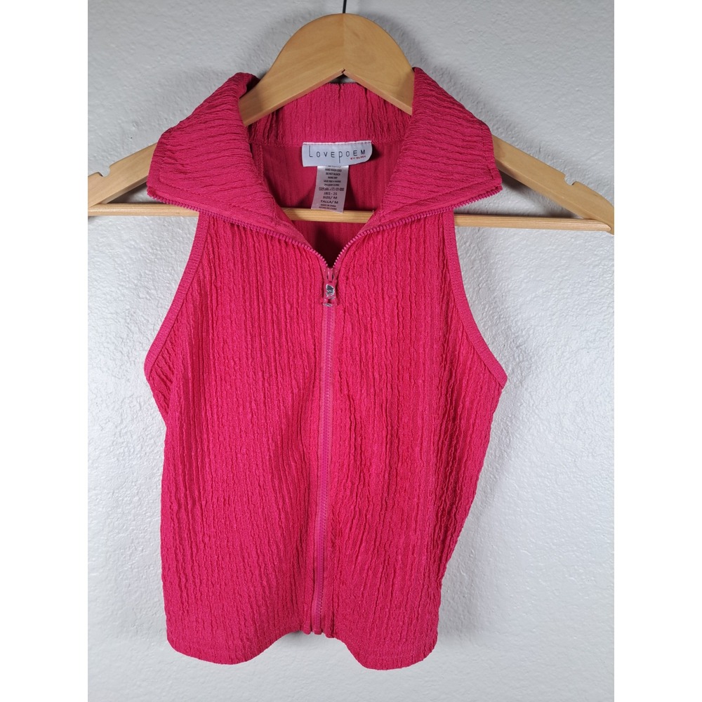 Lovepoem by Block Hot Pink Crinkle Texture Zip Up Sleeveless Collar Top Medium